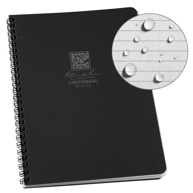 Weatherproof Side Spiral Notebook, 6.625" x 8.5", Black Cover, Universal Pattern (No. 773-LG)