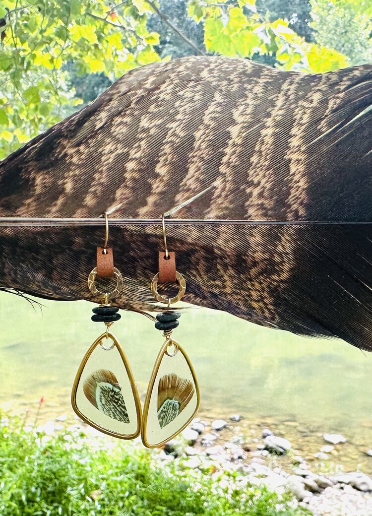 Gold Leather Feathers Earrings